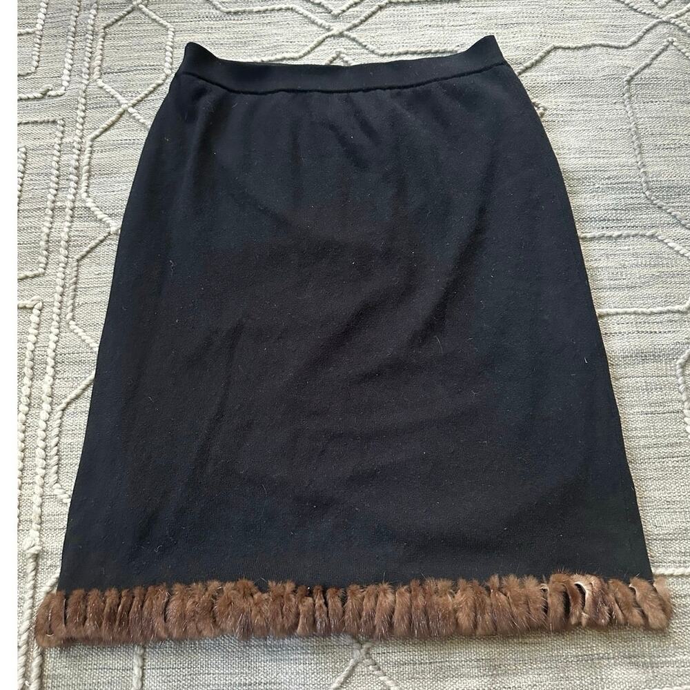 Vintage pencil skirt XL silk cashmere fur trim hem genuine mink brown wool knee